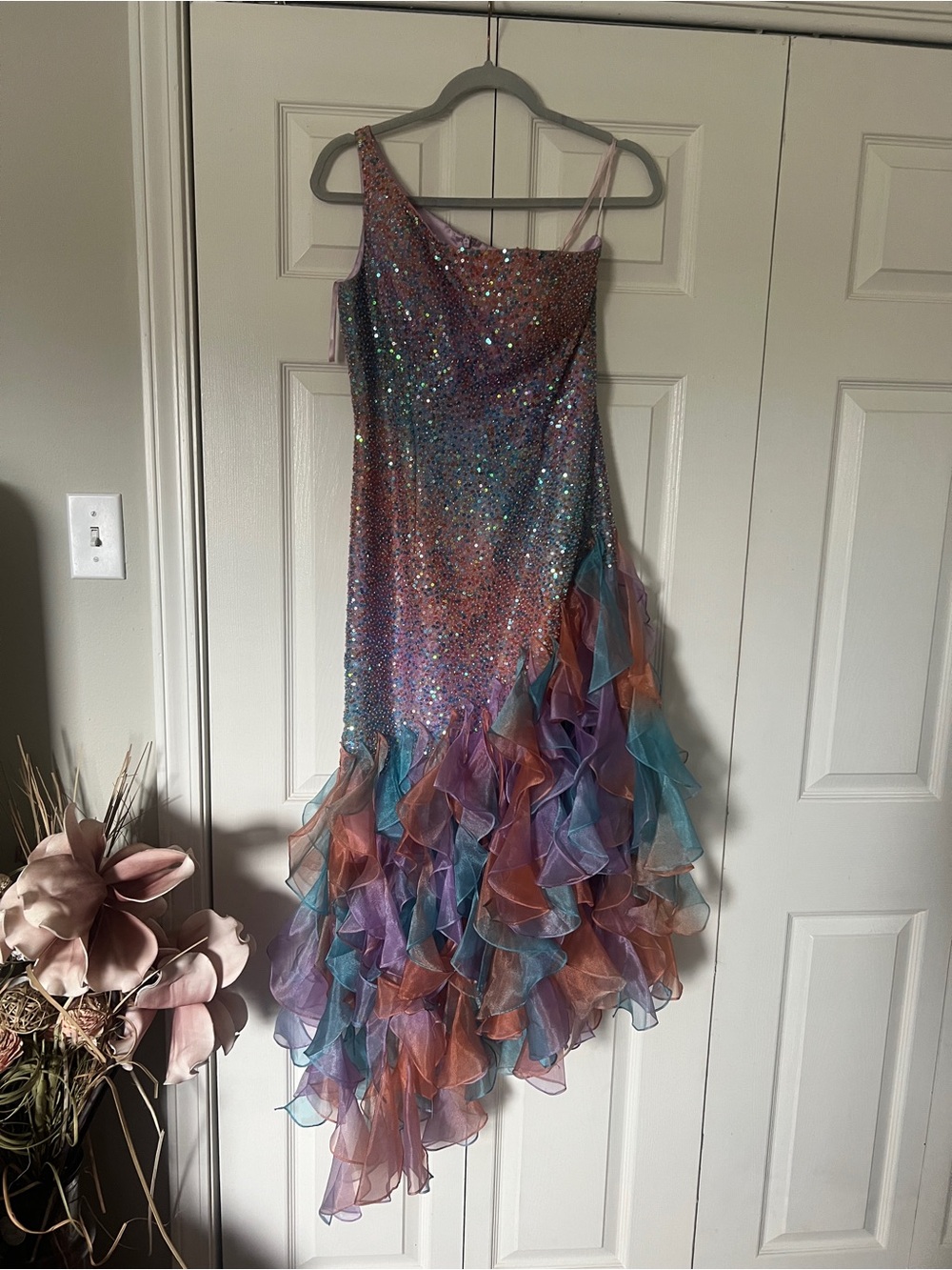 Jovani Iridescent Sequin Party Dress in Pink and Purple